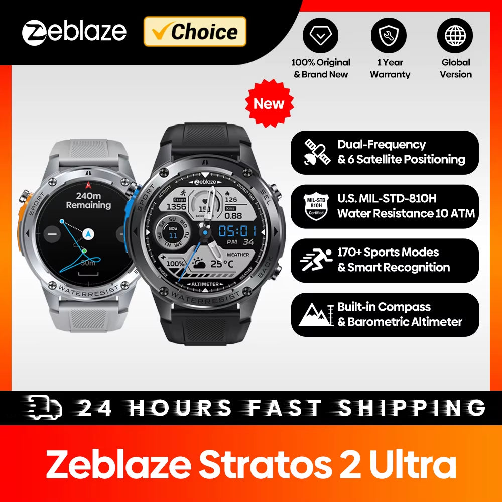 Stratos 2 Ultra Smartwatch: GPS, 10 ATM, Dual-Band GNSS, Voice Calling.