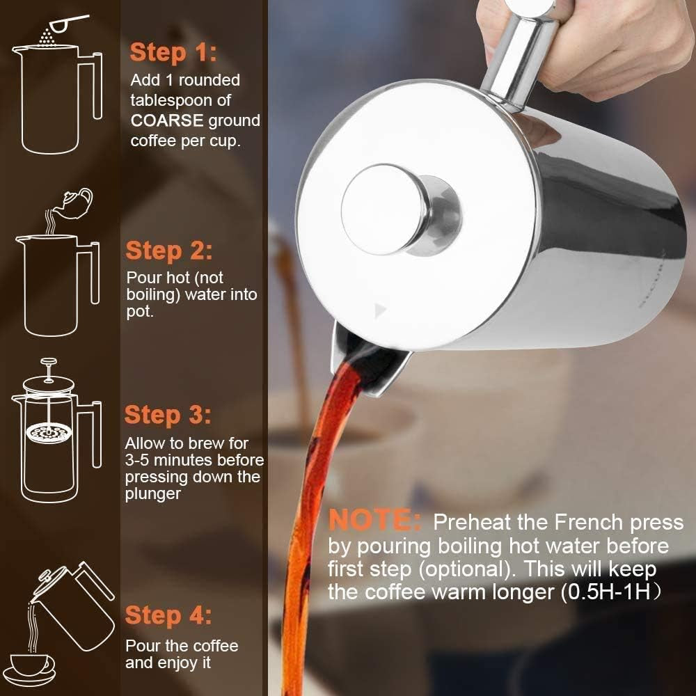 12oz Insulated Stainless Steel French Press (2 Extra Screens)