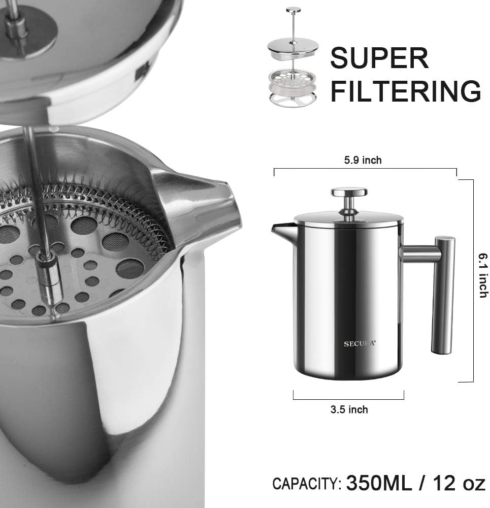 12oz Insulated Stainless Steel French Press (2 Extra Screens)
