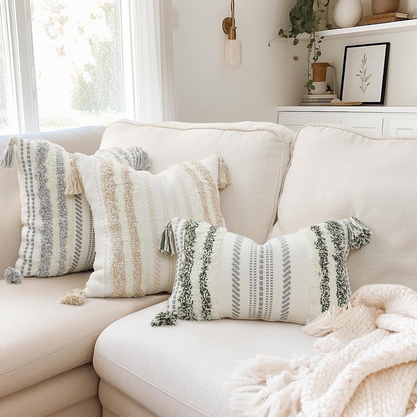 Green & Cream Boho Lumbar Pillow Cover, 12x20, Textured Tufted Stripe.
