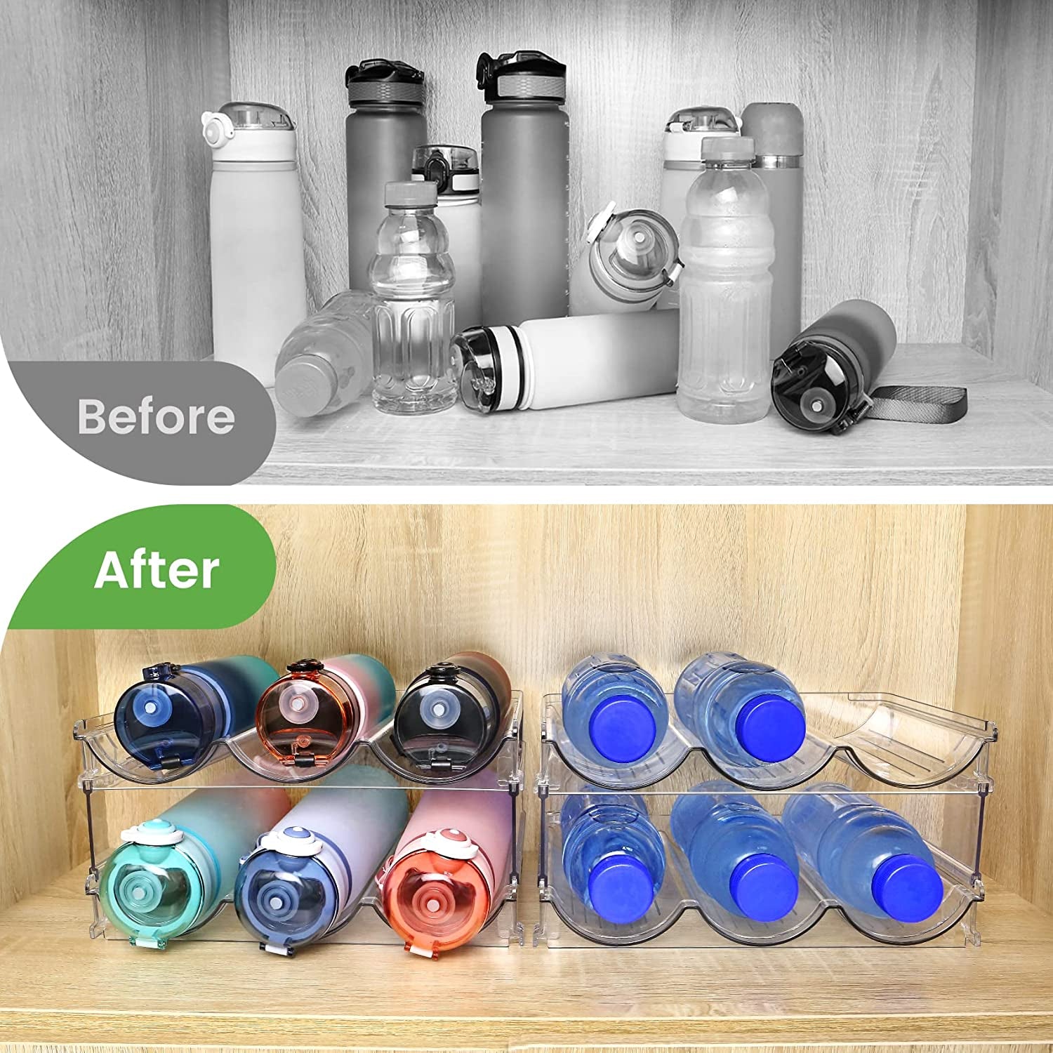 2-Pack Stackable Water Bottle Storage Organizer for Cabinet.