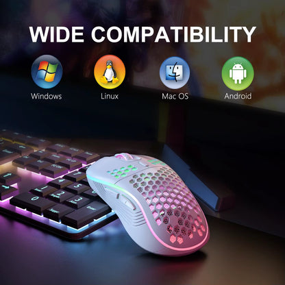 High-Speed 2.4G Wireless Gaming Mouse: 1600 DPI, Ergonomic Honeycomb, RGB Backlit.