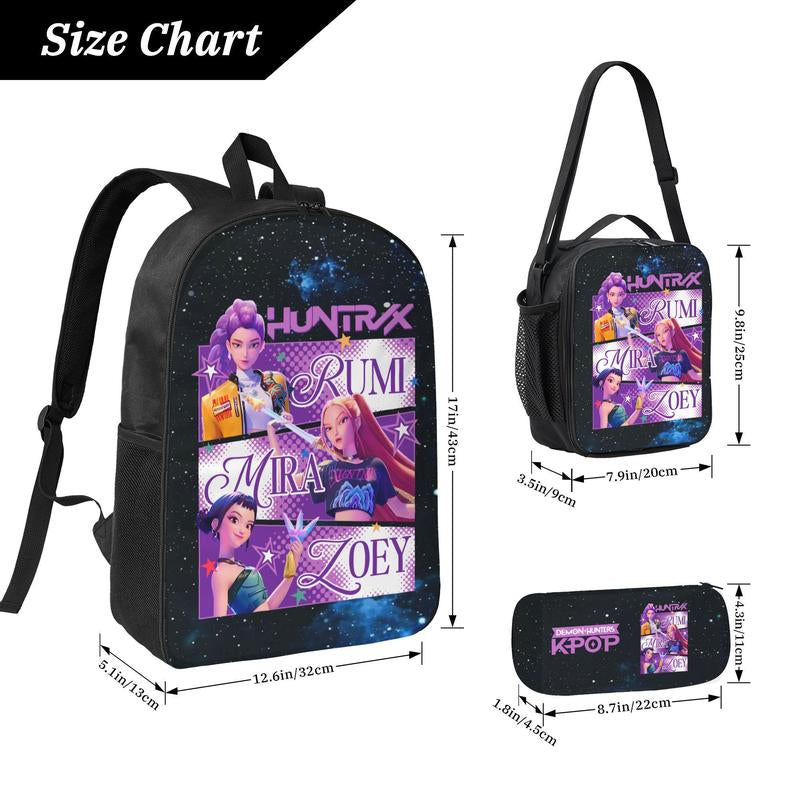 3-Piece K-POP "Demon Hunters" Backpack Set (Laptop Bag, Lunch Bag, Pencil Case).