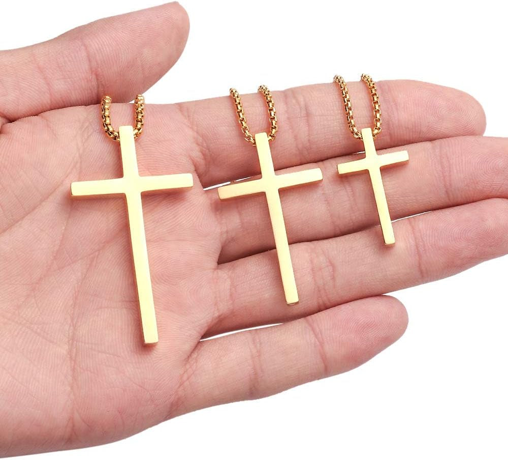 Men's Stainless Steel Cross Necklace Gold, 16-30 Inch Box Chain).