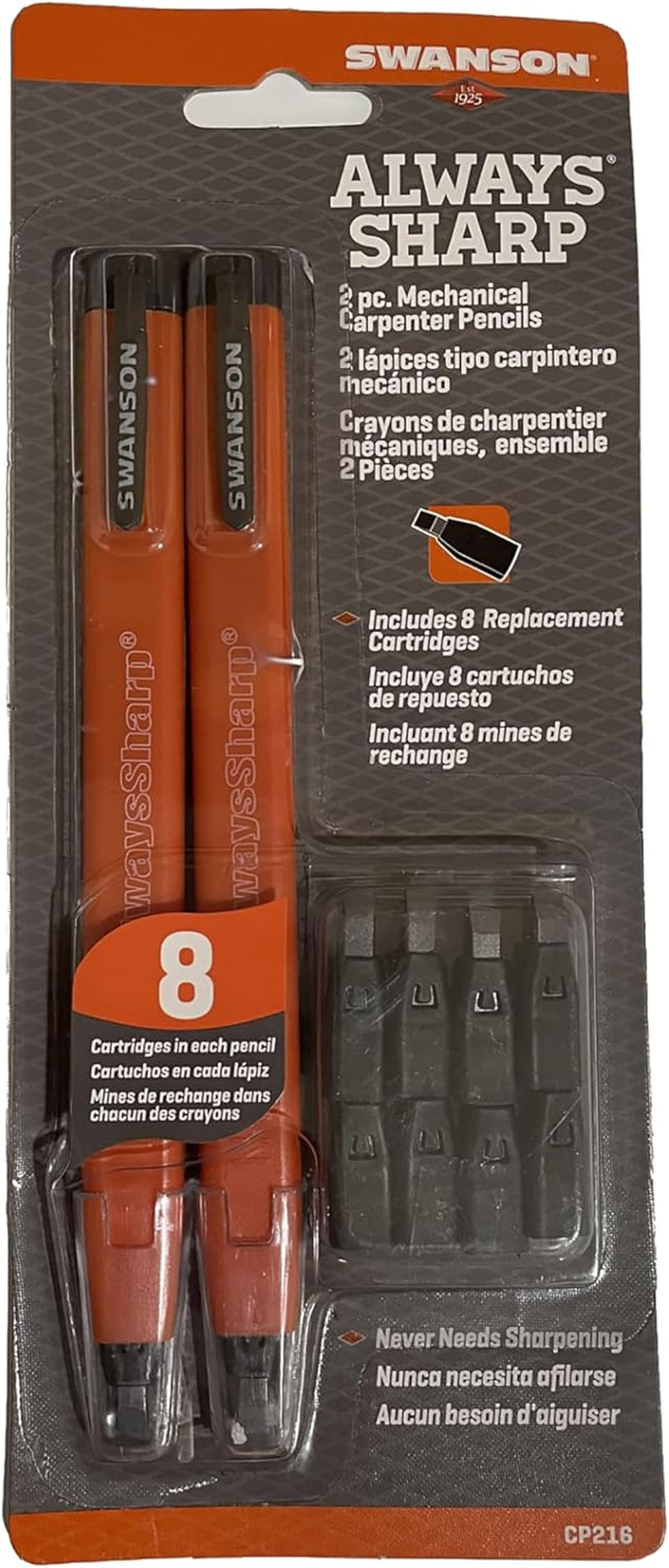 Mechanical Carpenter Pencil, Alwayssharp, 2-Pack, 8 Graphite Tips.
