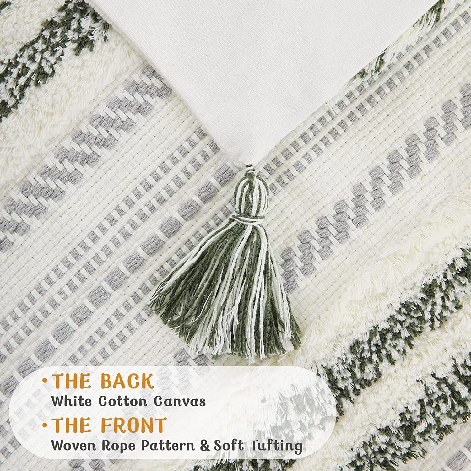 Green & Cream Boho Lumbar Pillow Cover, 12x20, Textured Tufted Stripe.