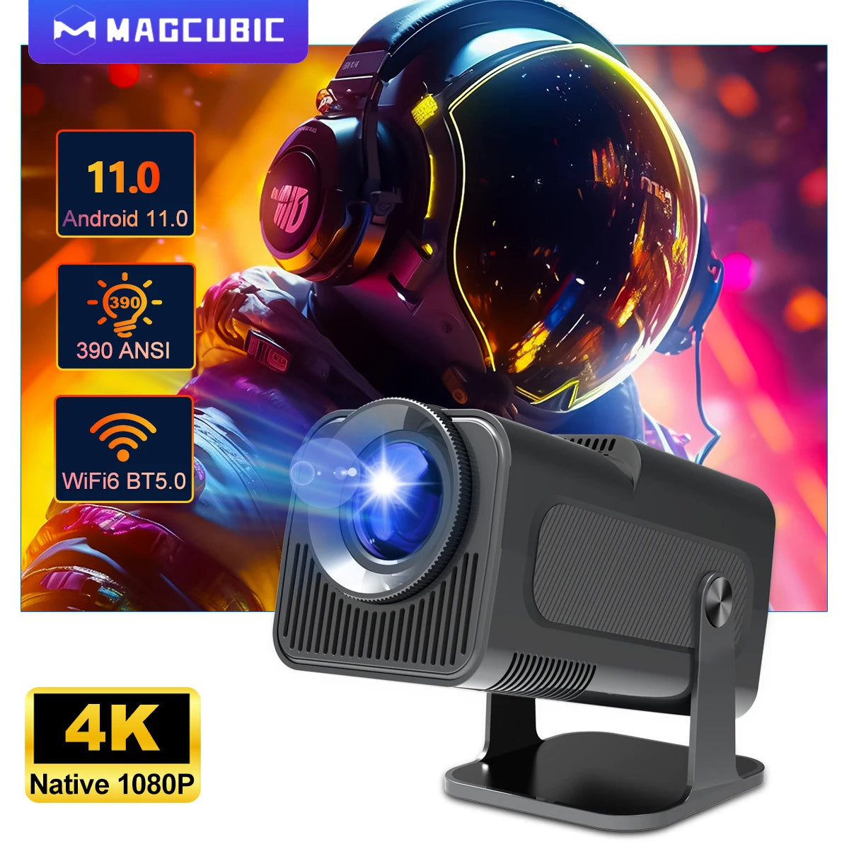 4K Android 11 Projector (Native 1080P, 390ANSI, Dual WiFi 6).