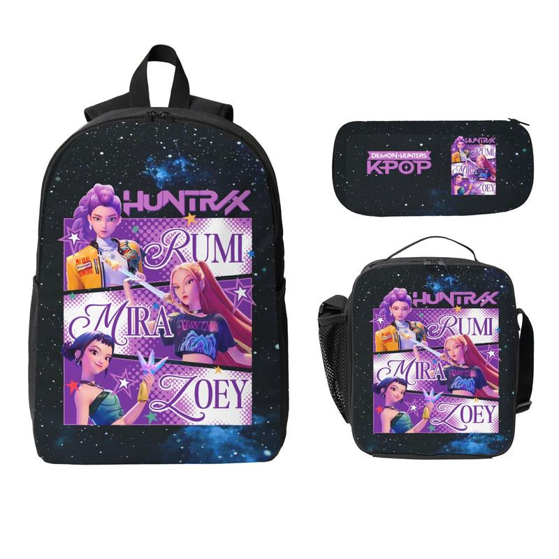 3-Piece K-POP "Demon Hunters" Backpack Set (Laptop Bag, Lunch Bag, Pencil Case).