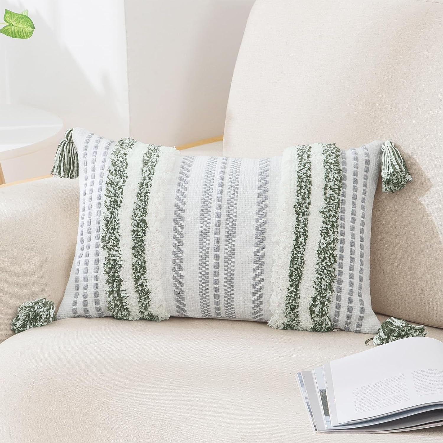 Green & Cream Boho Lumbar Pillow Cover, 12x20, Textured Tufted Stripe.