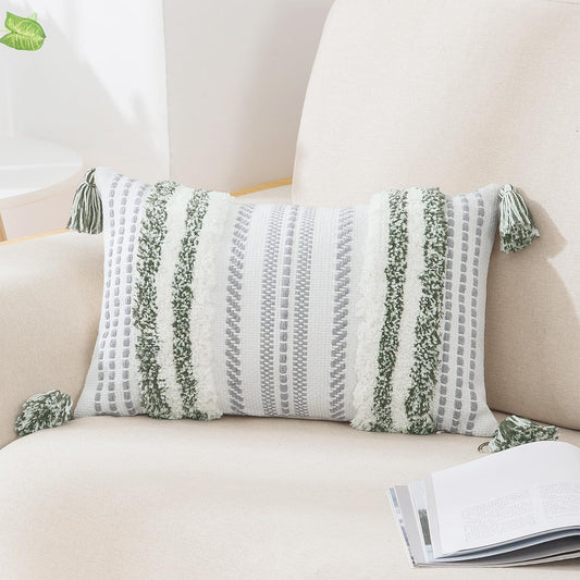 Green & Cream Boho Lumbar Pillow Cover, 12x20, Textured Tufted Stripe.