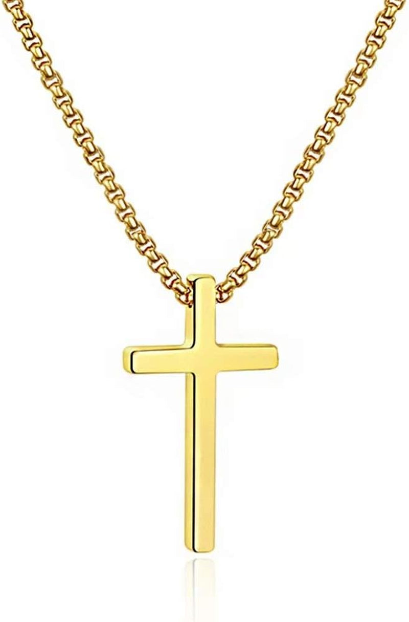 Men's Stainless Steel Cross Necklace Gold, 16-30 Inch Box Chain).