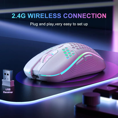 High-Speed 2.4G Wireless Gaming Mouse: 1600 DPI, Ergonomic Honeycomb, RGB Backlit.