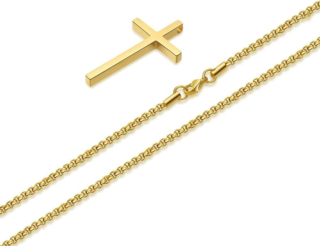 Men's Stainless Steel Cross Necklace Gold, 16-30 Inch Box Chain).