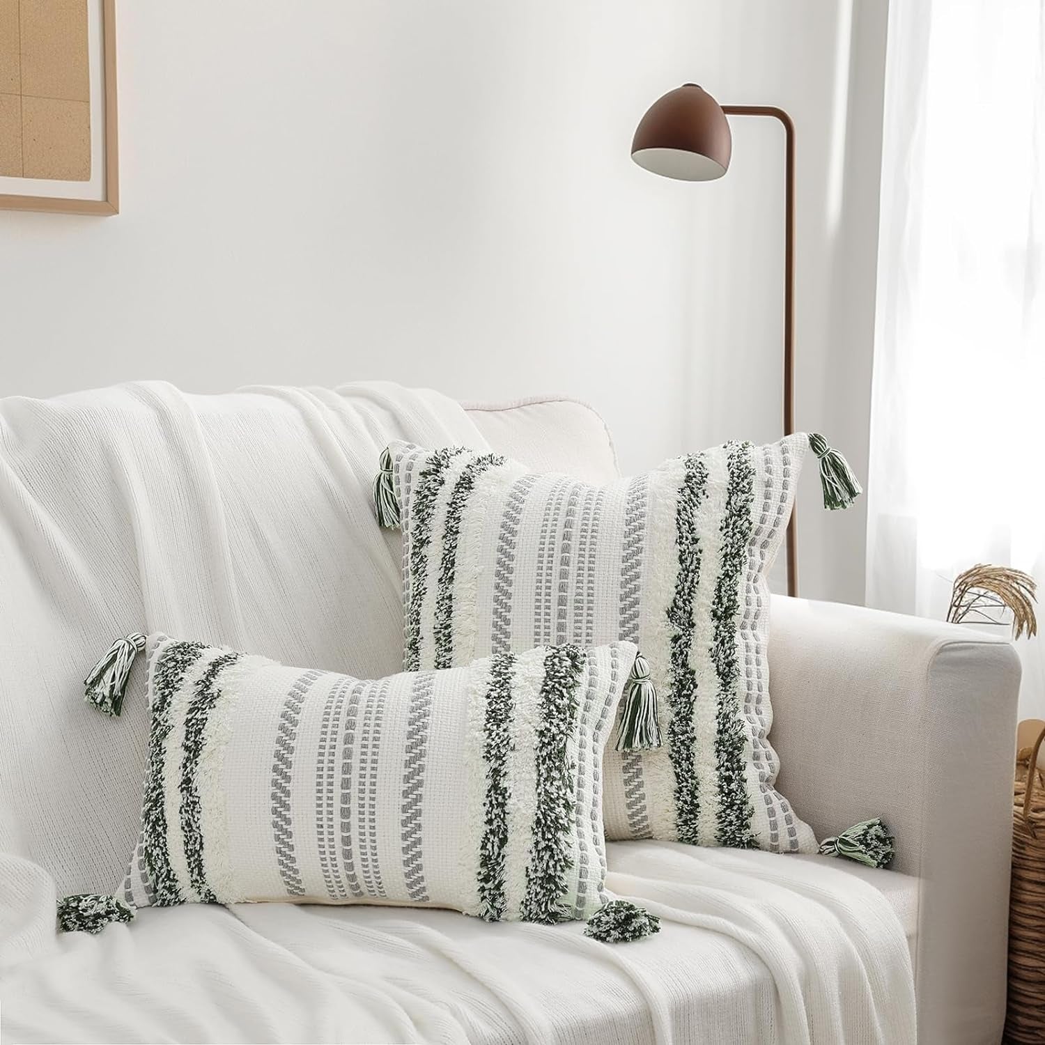 Green & Cream Boho Lumbar Pillow Cover, 12x20, Textured Tufted Stripe.