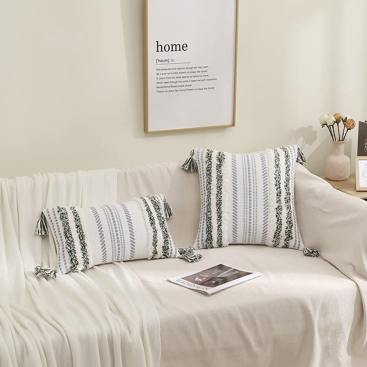 Green & Cream Boho Lumbar Pillow Cover, 12x20, Textured Tufted Stripe.