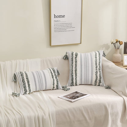 Green & Cream Boho Lumbar Pillow Cover, 12x20, Textured Tufted Stripe.