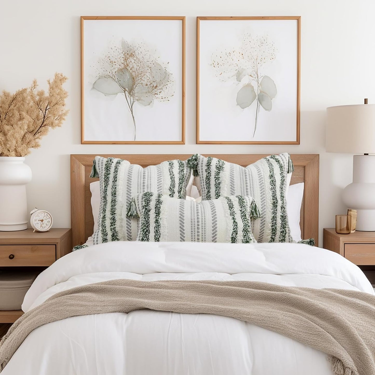 Green & Cream Boho Lumbar Pillow Cover, 12x20, Textured Tufted Stripe.