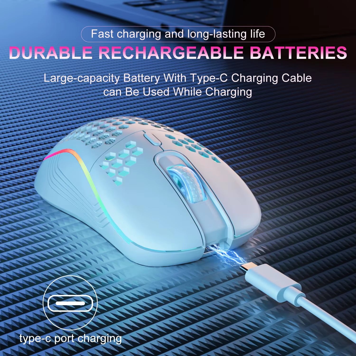 High-Speed 2.4G Wireless Gaming Mouse: 1600 DPI, Ergonomic Honeycomb, RGB Backlit.