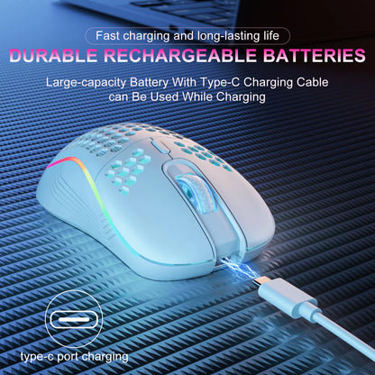High-Speed 2.4G Wireless Gaming Mouse: 1600 DPI, Ergonomic Honeycomb, RGB Backlit.