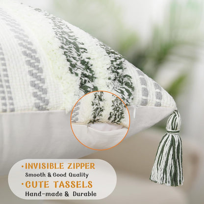 Green & Cream Boho Lumbar Pillow Cover, 12x20, Textured Tufted Stripe.