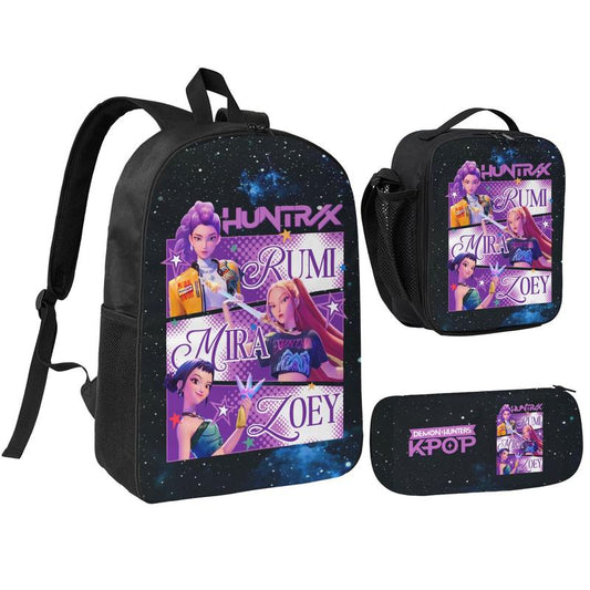3-Piece K-POP "Demon Hunters" Backpack Set (Laptop Bag, Lunch Bag, Pencil Case).