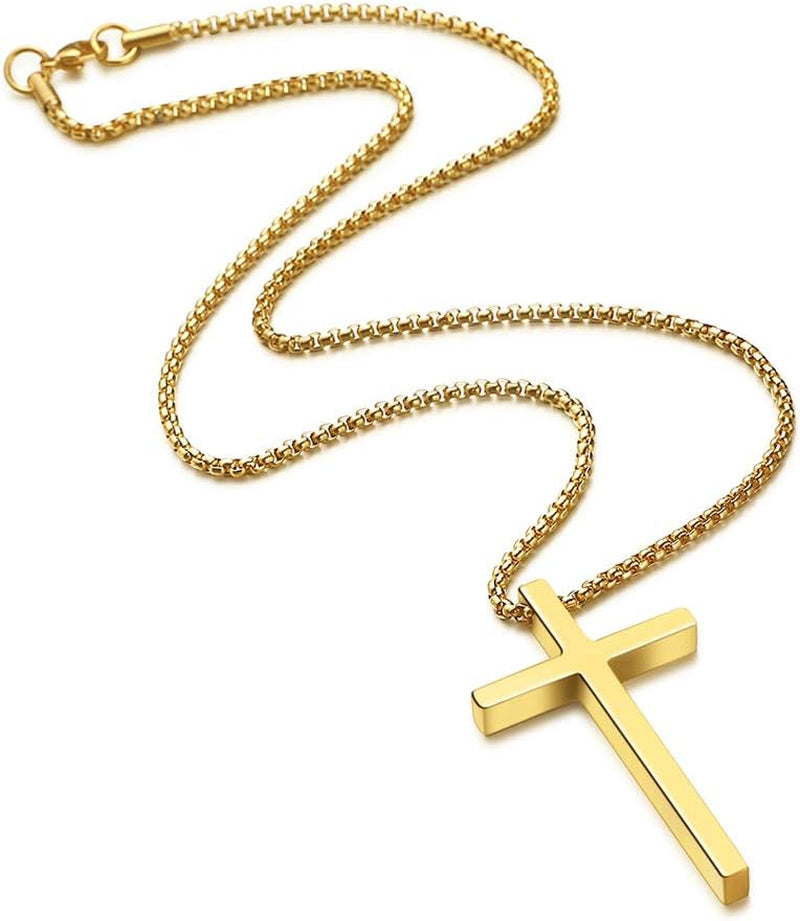 Men's Stainless Steel Cross Necklace Gold, 16-30 Inch Box Chain).